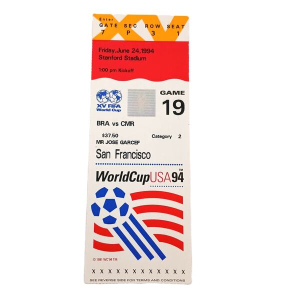 FIFA World Cup Ticket Stub – Game 19 ~ 1994 Champions Brazil vs Cameroon - Picture 1 of 9